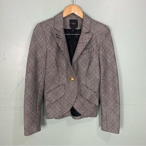 Smythe Black White Plaid Leather Elbow Patch Blazer Jacket Sz 12‎ Wool Blend